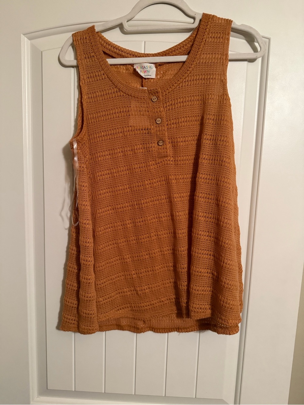 NWT Rust Orange Open Knit Sleeveless Henley Tank Top Boho Crochet